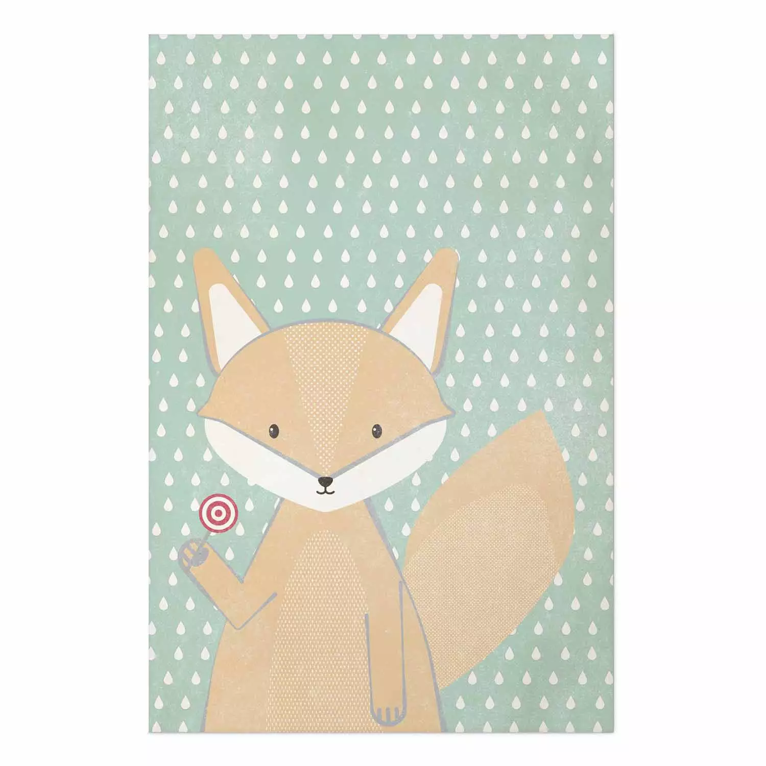 Poster Little Fox - funny animal with a lollipop in hand on polka dot wall