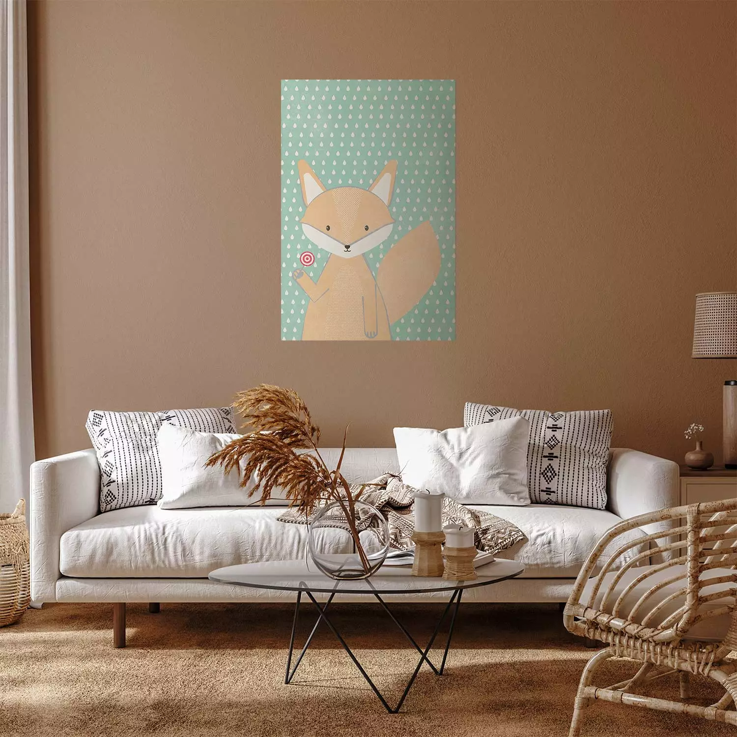 Poster Little Fox - funny animal with a lollipop in hand on polka dot wall