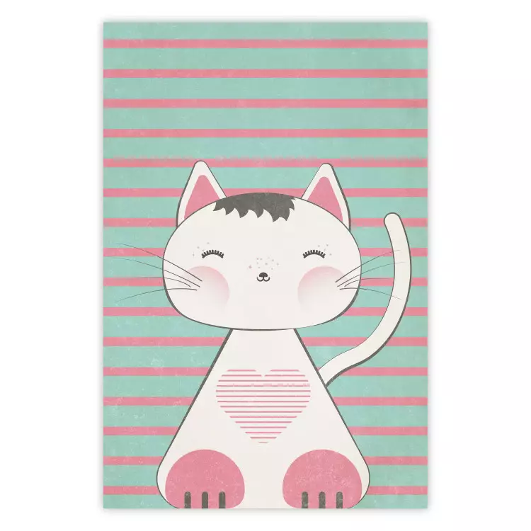 Poster Striped Kitty - animal with a heart on turquoise striped wall