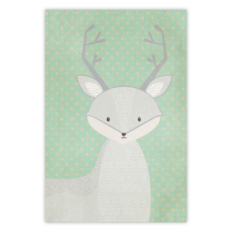Poster Young Deer - funny gray animal on green polka dot background