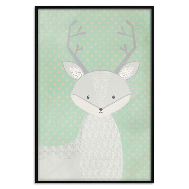 Poster Young Deer - funny gray animal on green polka dot background