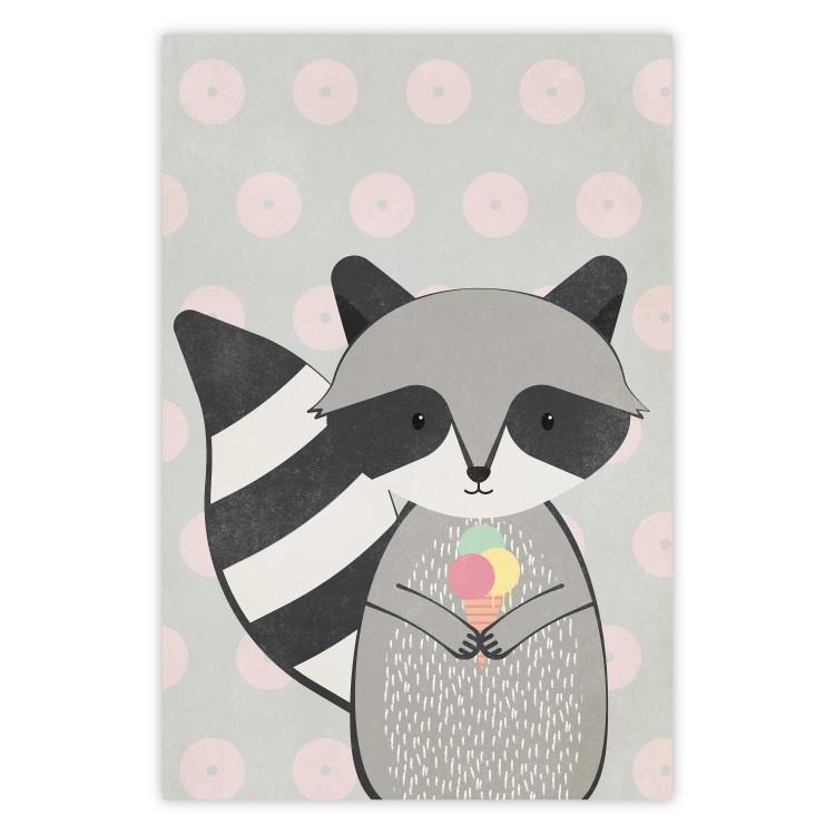 Poster Ice Cream Hungry Raccoon - funny gray animal with ice cream on polka dot background