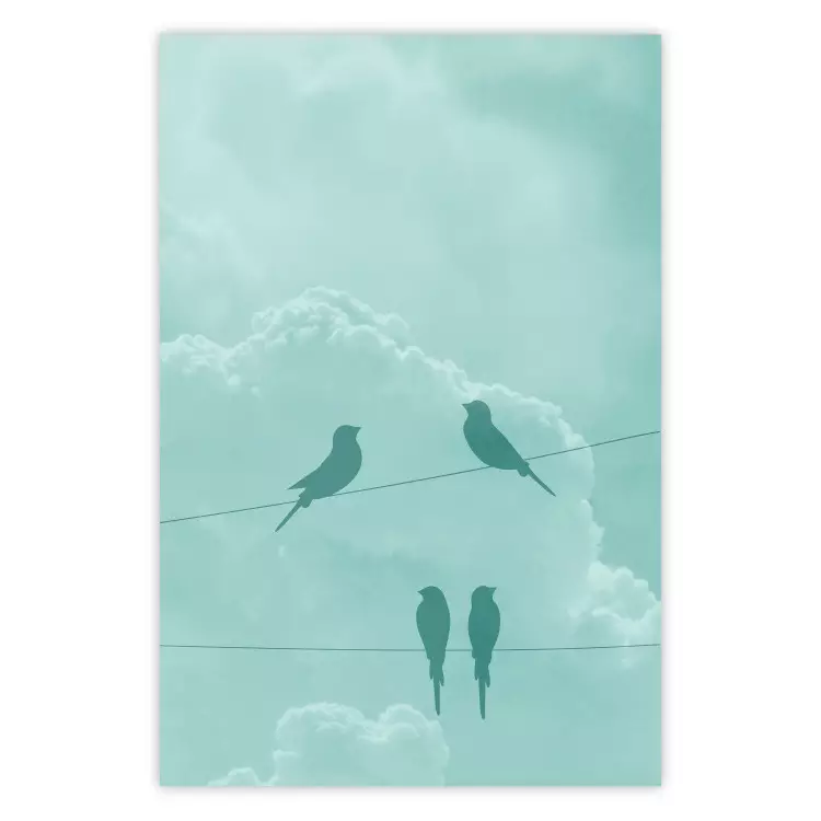 Poster Seagreen Sky - abstract birds against light sky and clouds