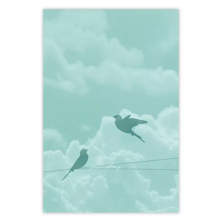 Poster Flight Shadow - abstract dark birds against pastel sky and clouds