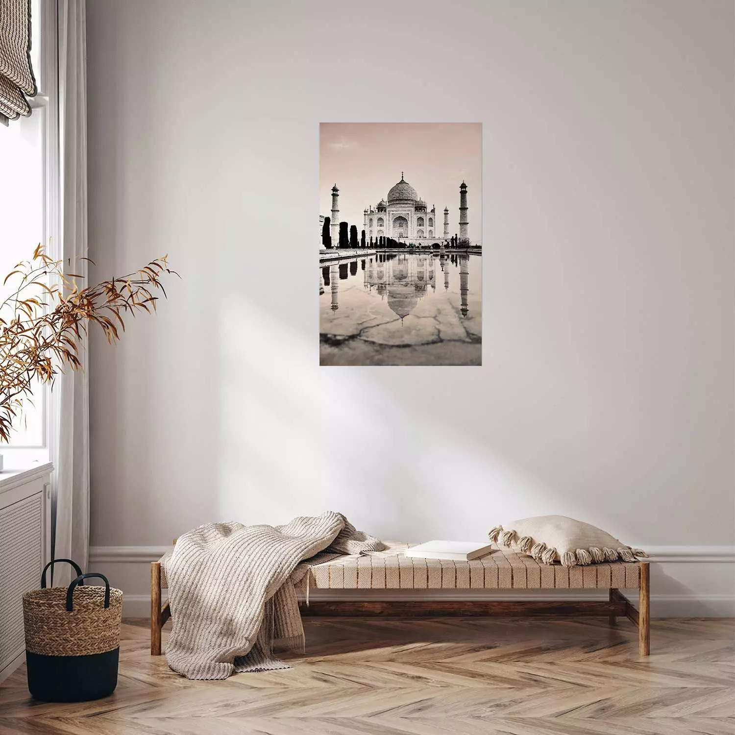 Poster Taj Mahal - monochromatic architecture of building and reflections in water