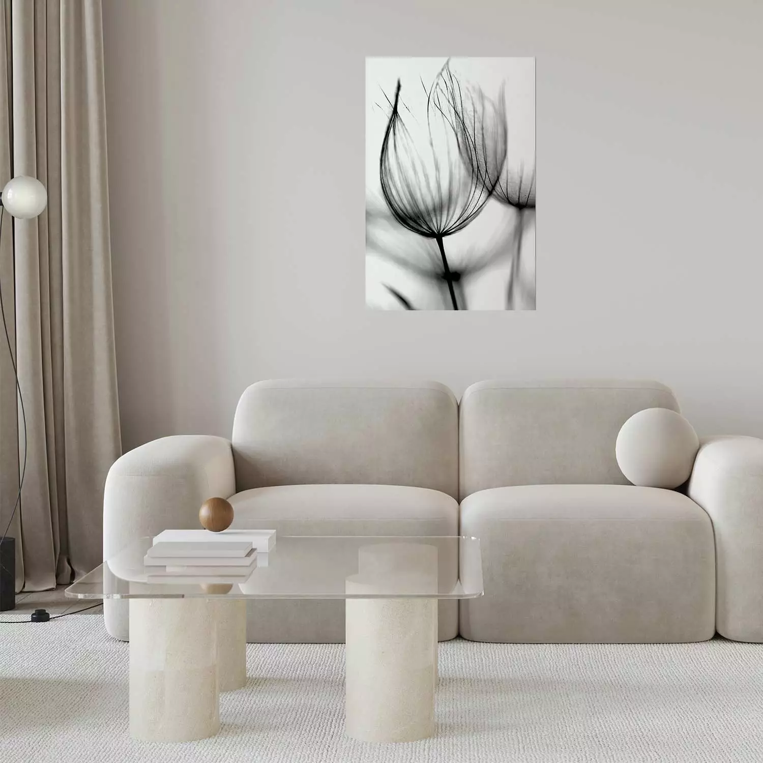 Poster Dandelion in the Wind - black dandelion flower on a contrasting background