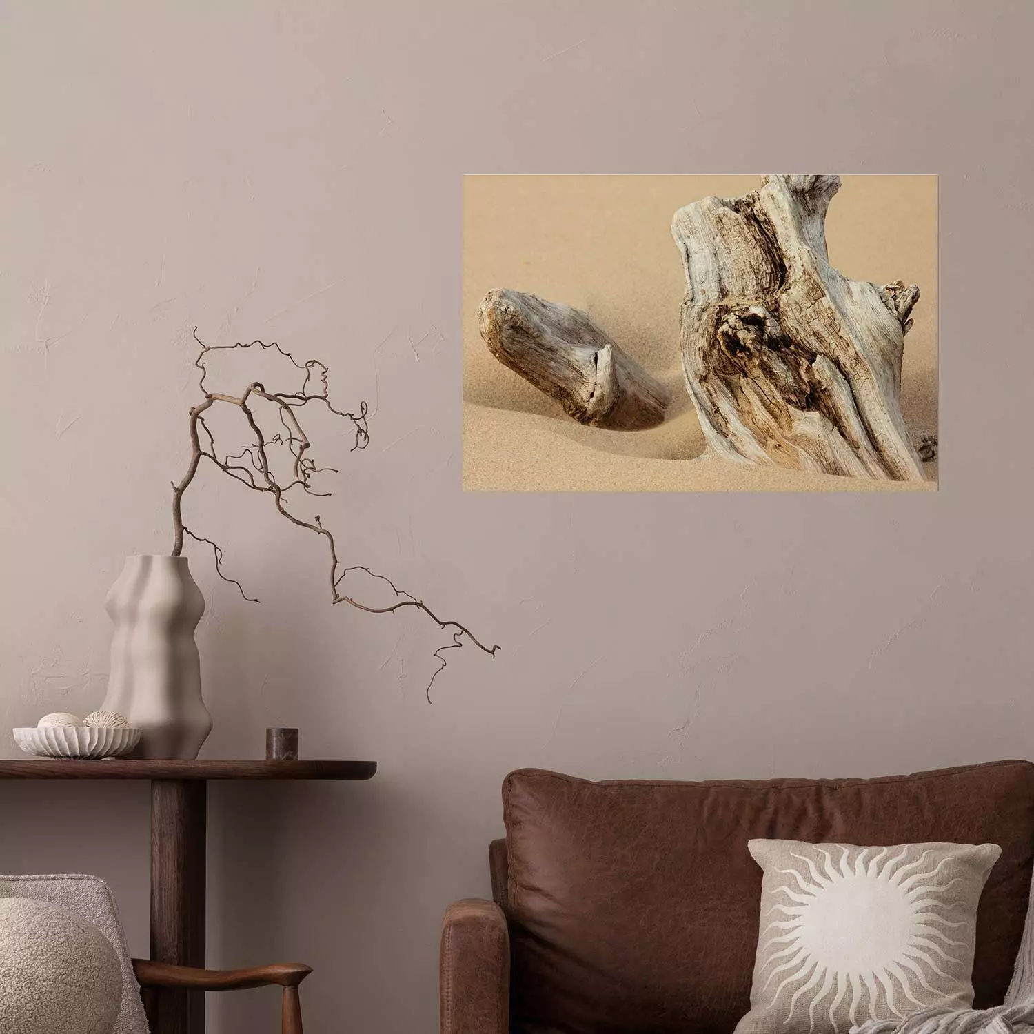 Wall Poster Uncovered Past - beach landscape with a piece of brown wood