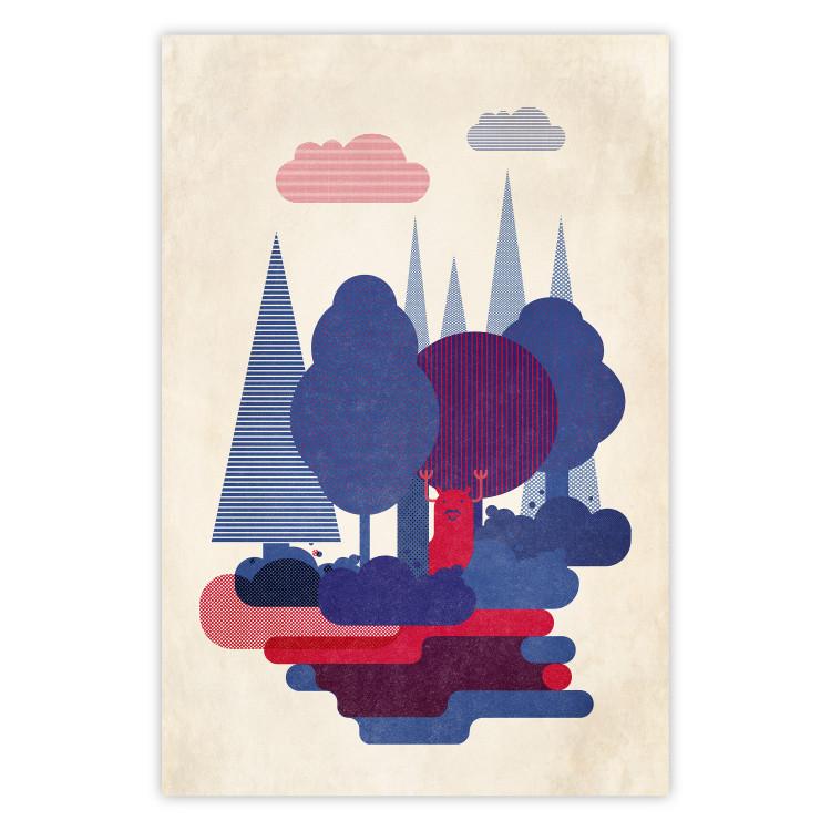 Poster Forest Dwellers - abstract colorful forest with figures and a funny character