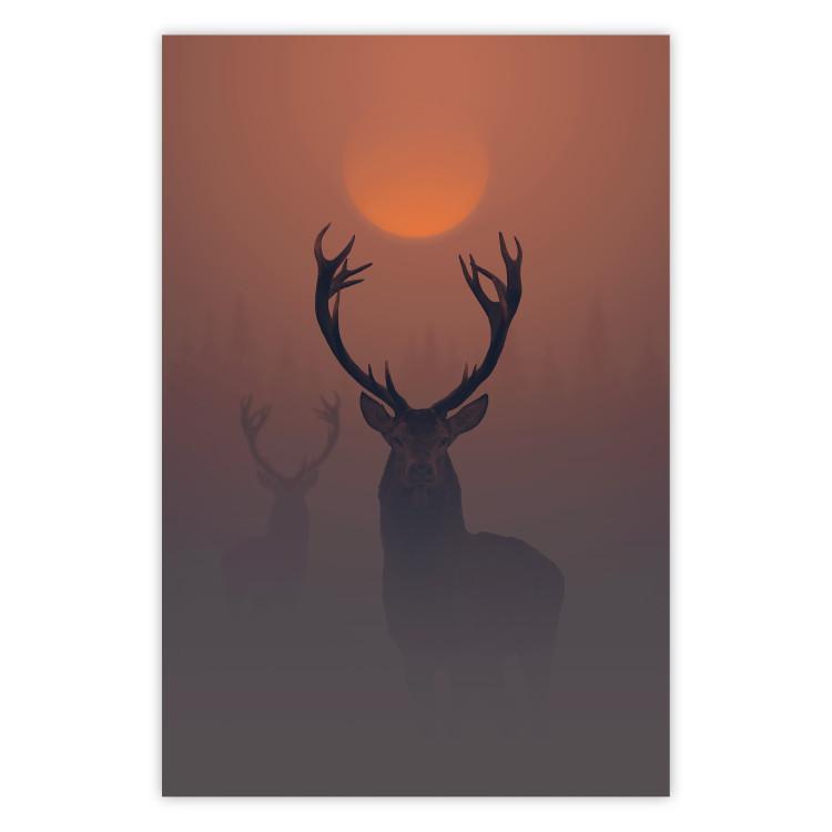 Poster Deer in the Mist - animal against a sunset backdrop during mist