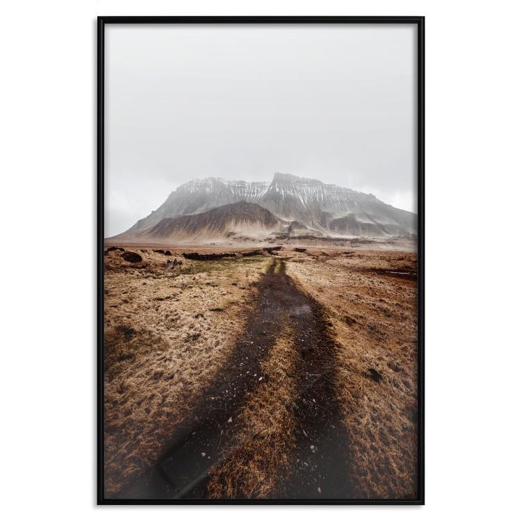 Poster Road to the Unknown - landscape of a country road against a large mountain in fog