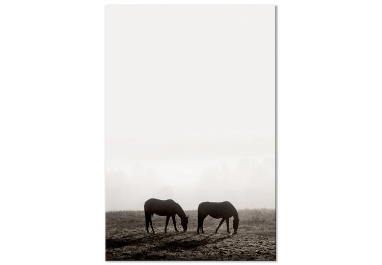 Canvas Horses in the morning - landscape depicting animals grazing at sunrise