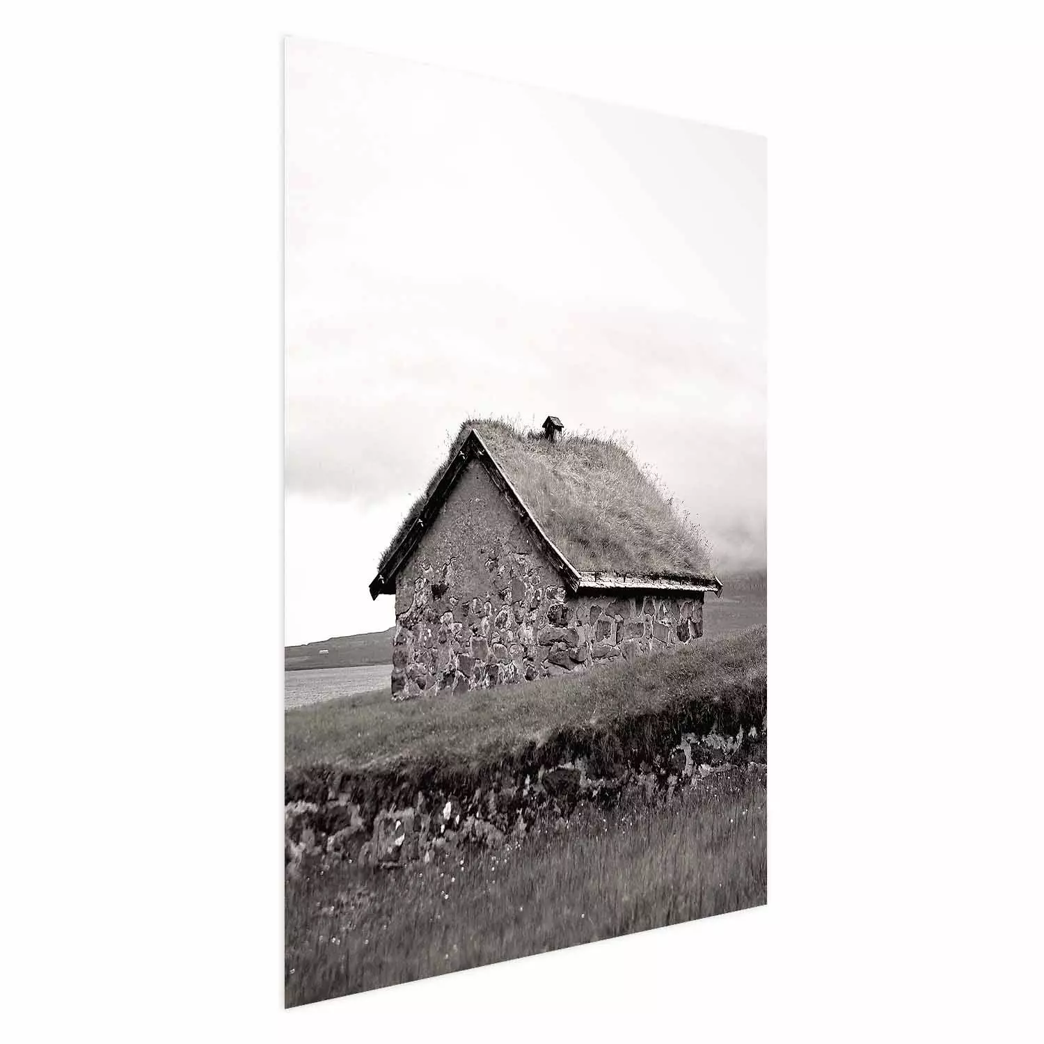 Wall Poster Fisherman's Hut - landscape of a field and a stone house against a clear sky
