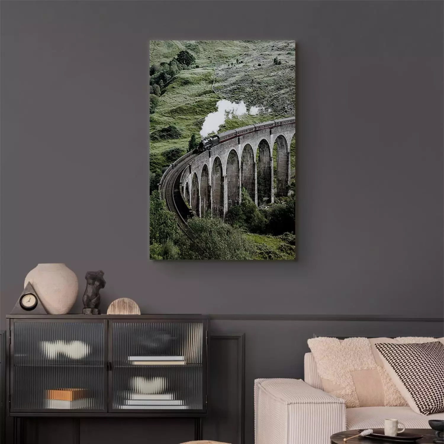 Canvas Art Print Journey Through Time Vertical - landscape of a bridge with a train