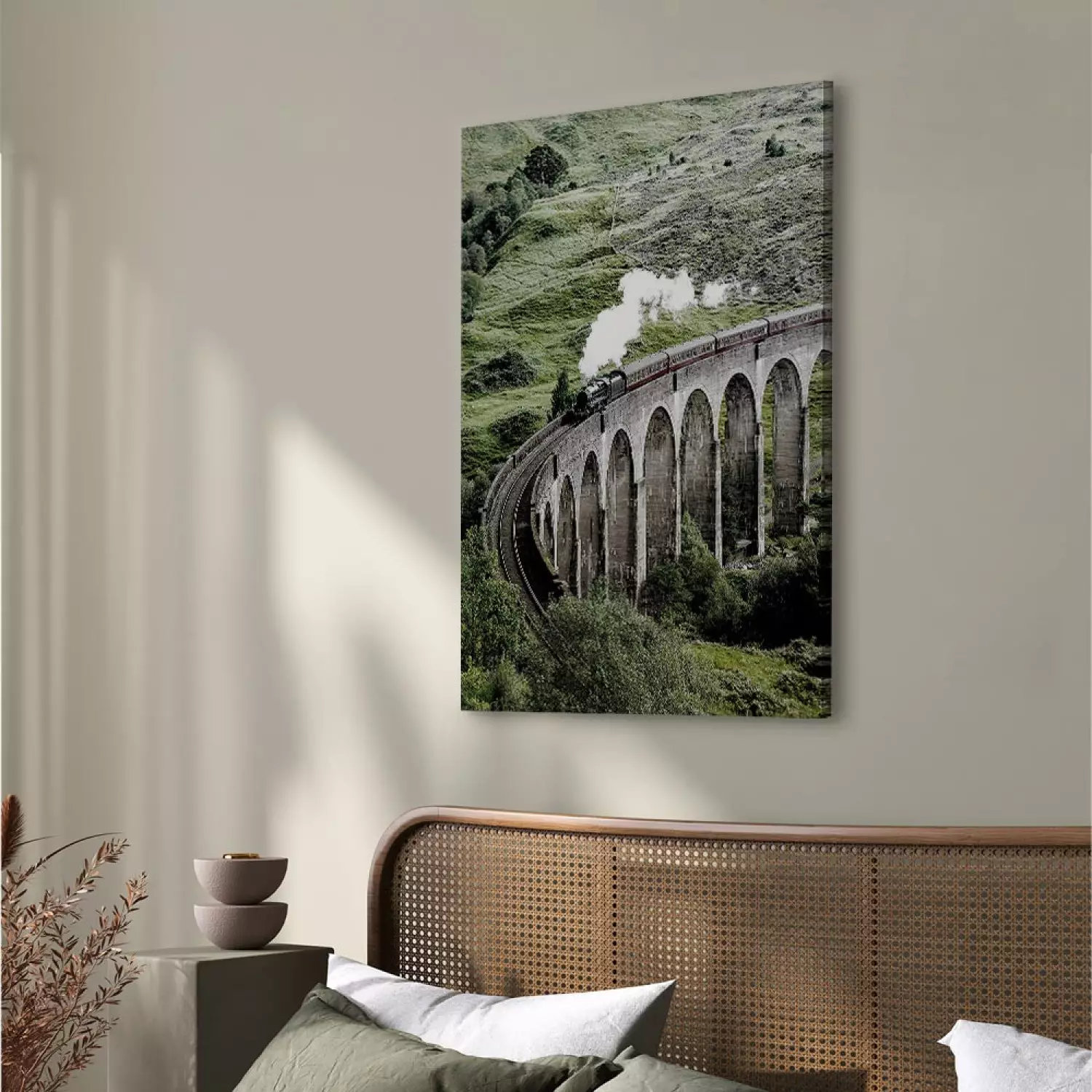Canvas Art Print Journey Through Time Vertical - landscape of a bridge with a train