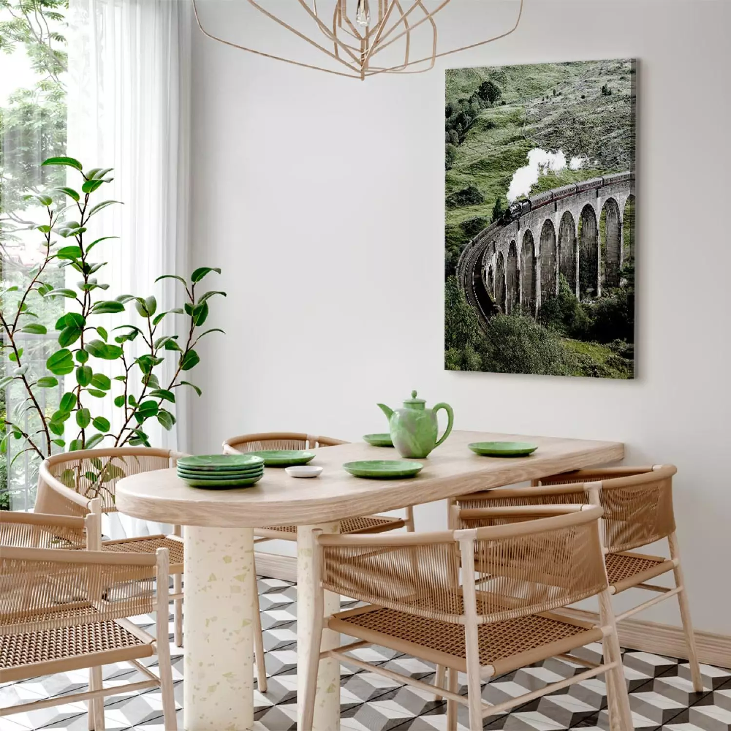 Canvas Art Print Journey Through Time Vertical - landscape of a bridge with a train
