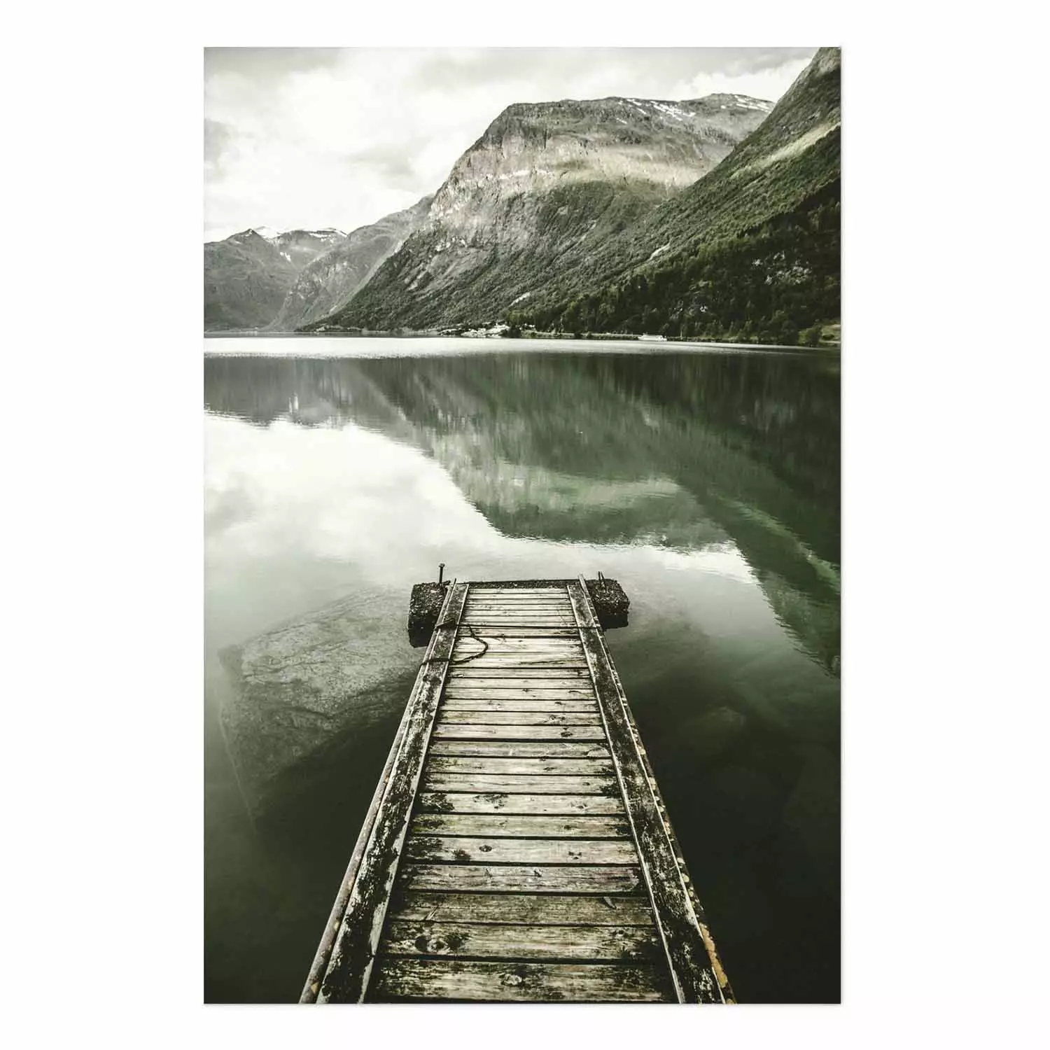 Poster Silence - landscape of a lake with a wooden pier against mountains and sky