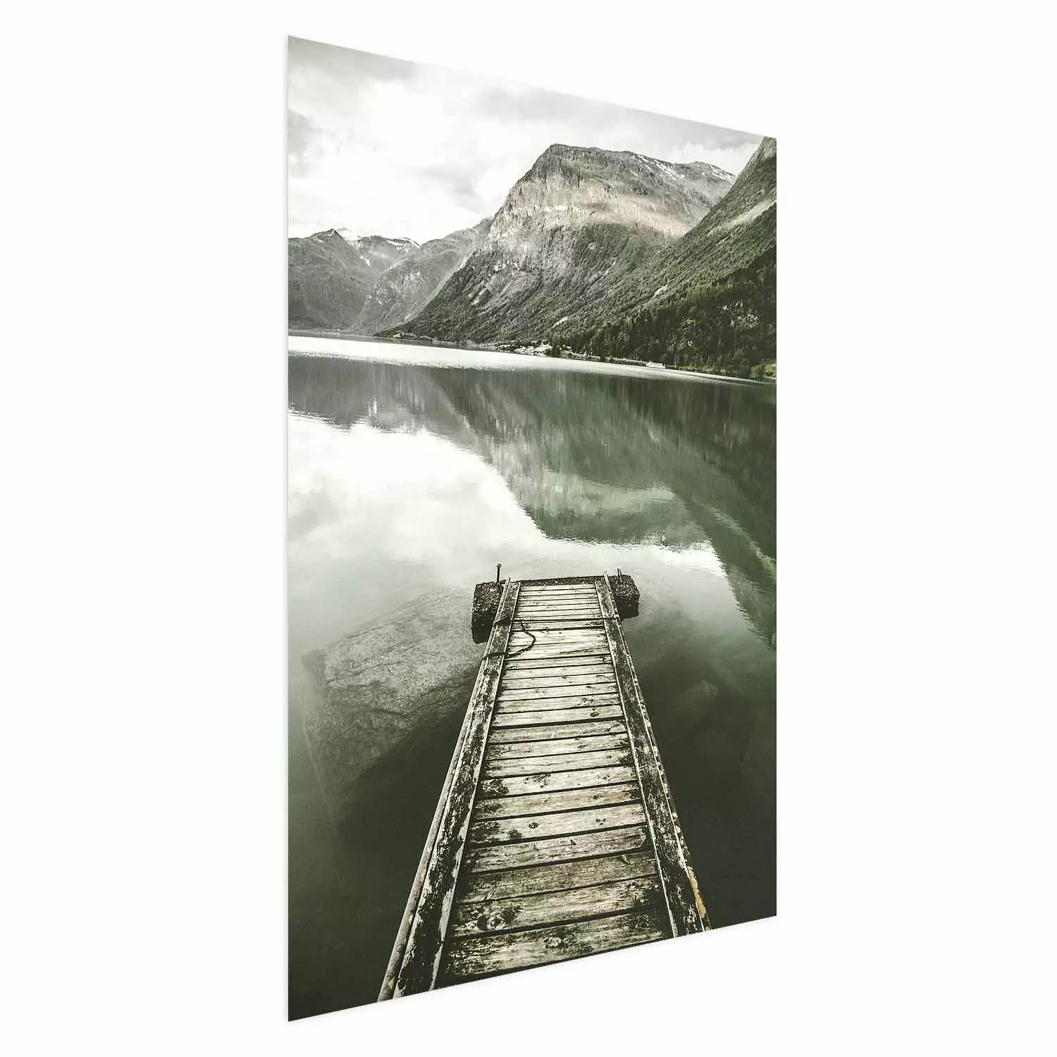 Poster Silence - landscape of a lake with a wooden pier against mountains and sky