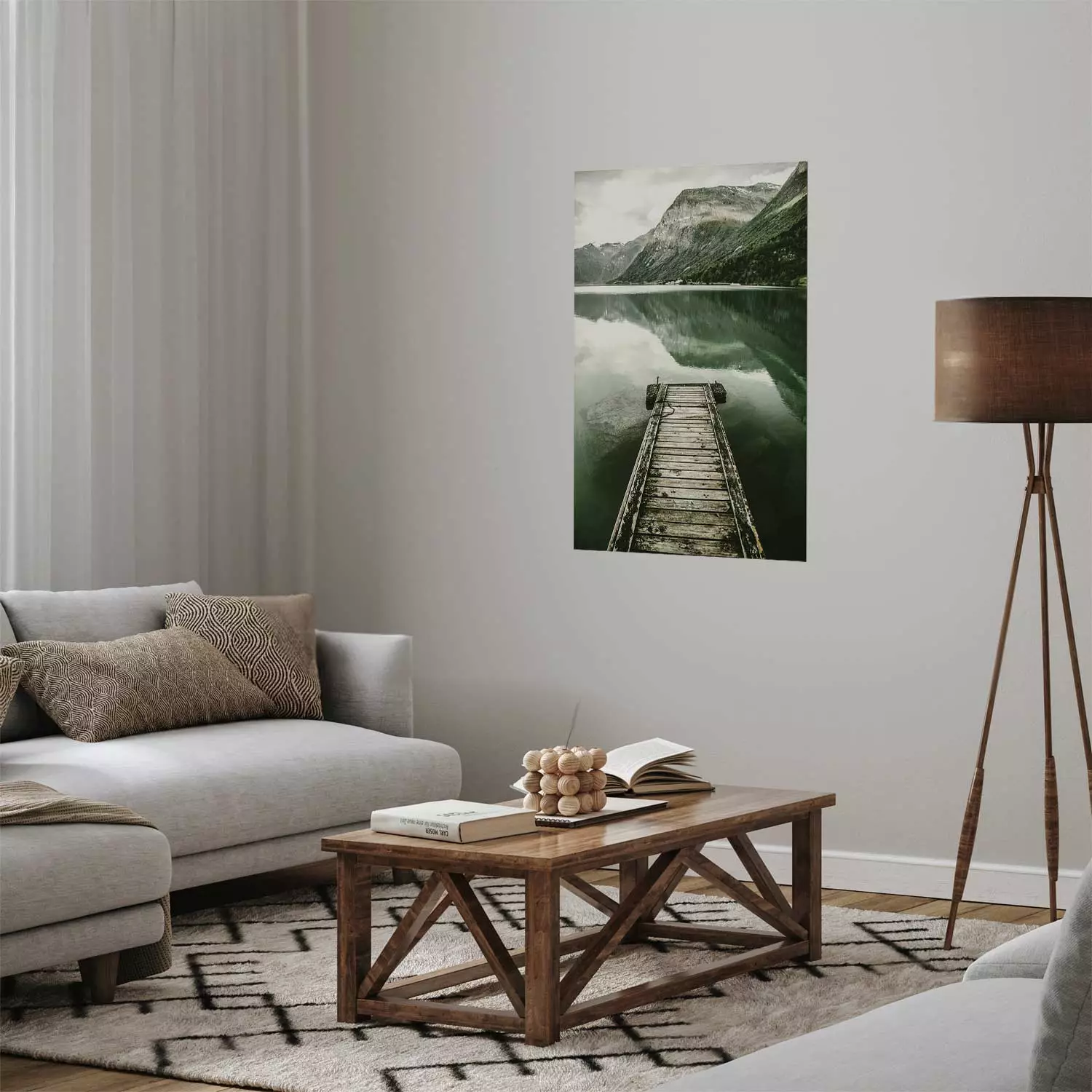 Poster Silence - landscape of a lake with a wooden pier against mountains and sky