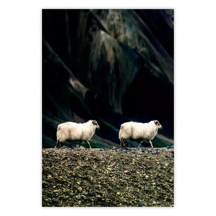 Poster Follow Me! - landscape of walking animals against a blurred green background