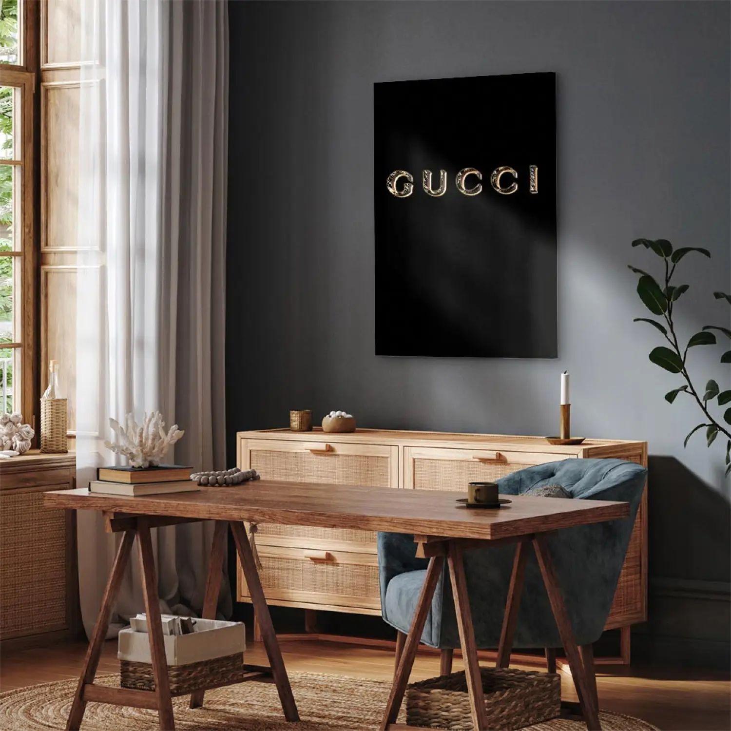Art Work Gucci Vertical - golden fashion brand name on black