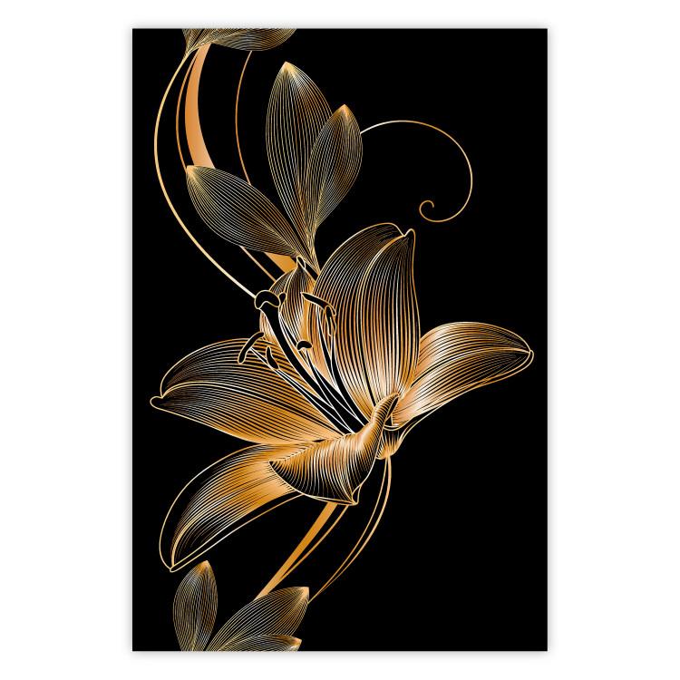 Poster Delicacy of Lilies - abstract golden lily on a solid black background