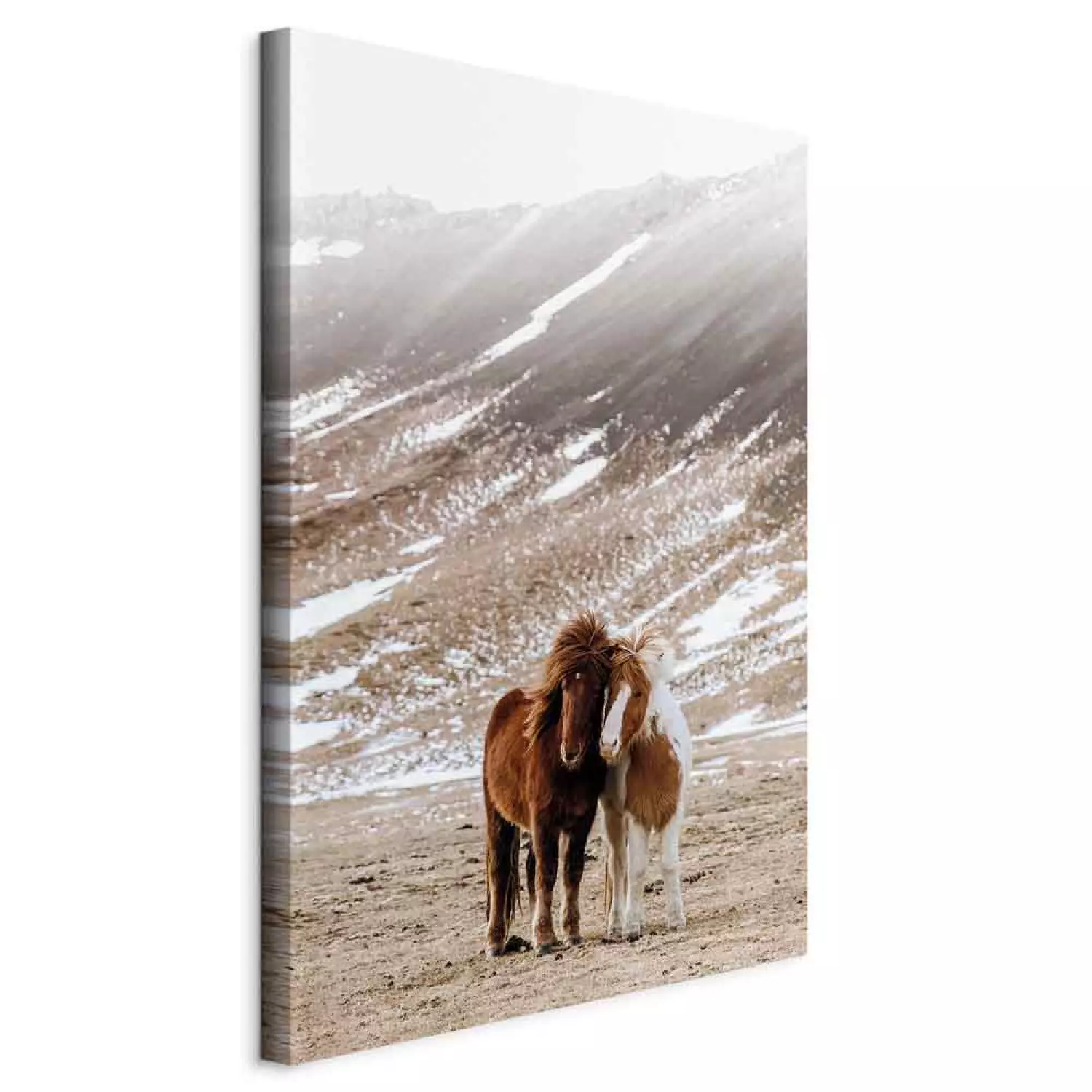 Canvas Art Print Warm Friendship Vertical - portrait of horses against mountain backdrop