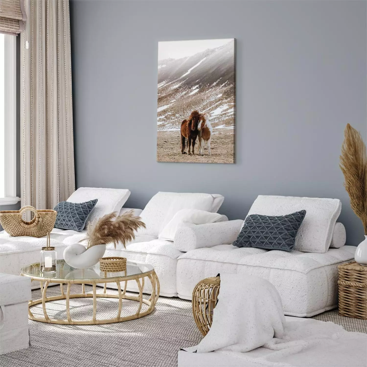 Canvas Art Print Warm Friendship Vertical - portrait of horses against mountain backdrop