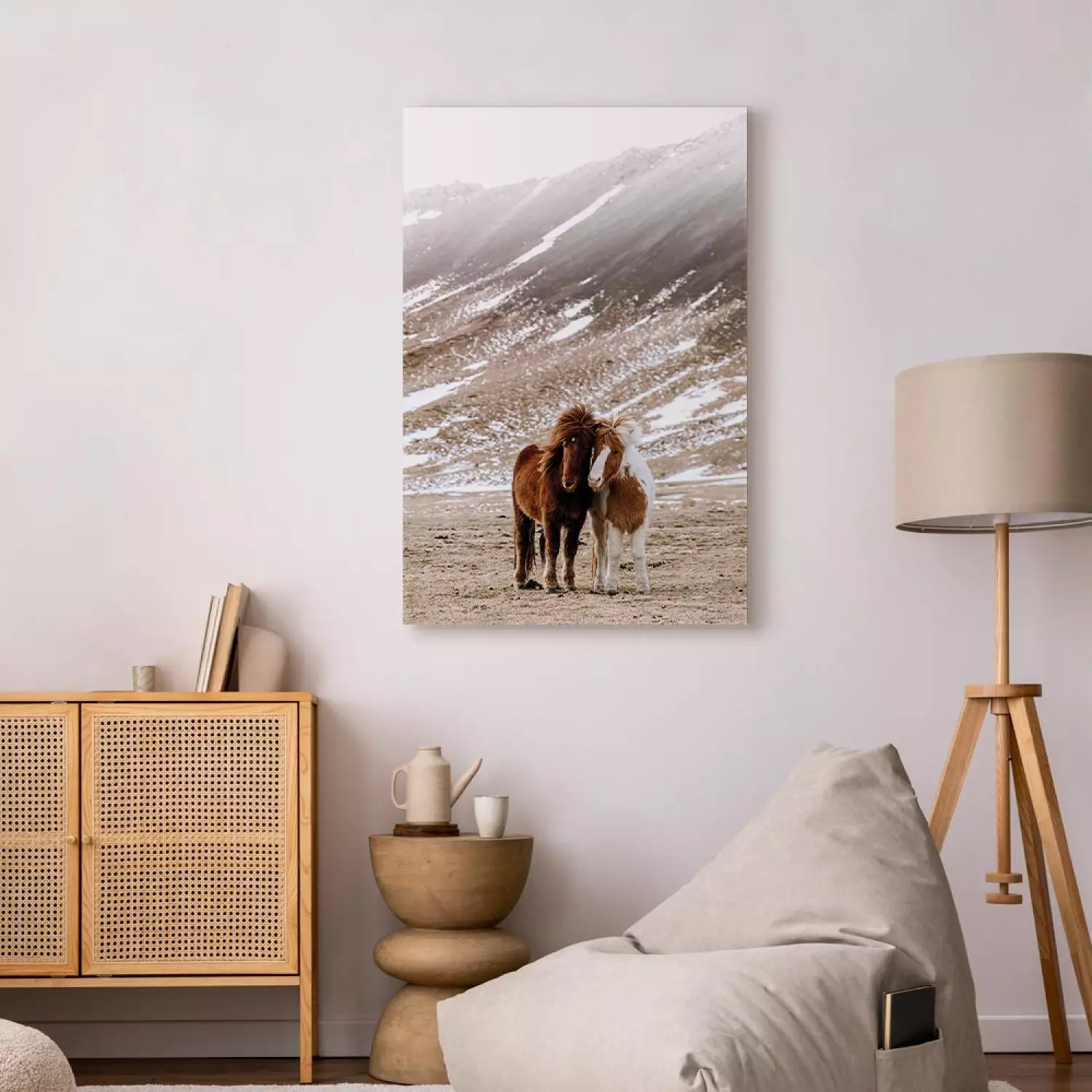 Canvas Art Print Warm Friendship Vertical - portrait of horses against mountain backdrop
