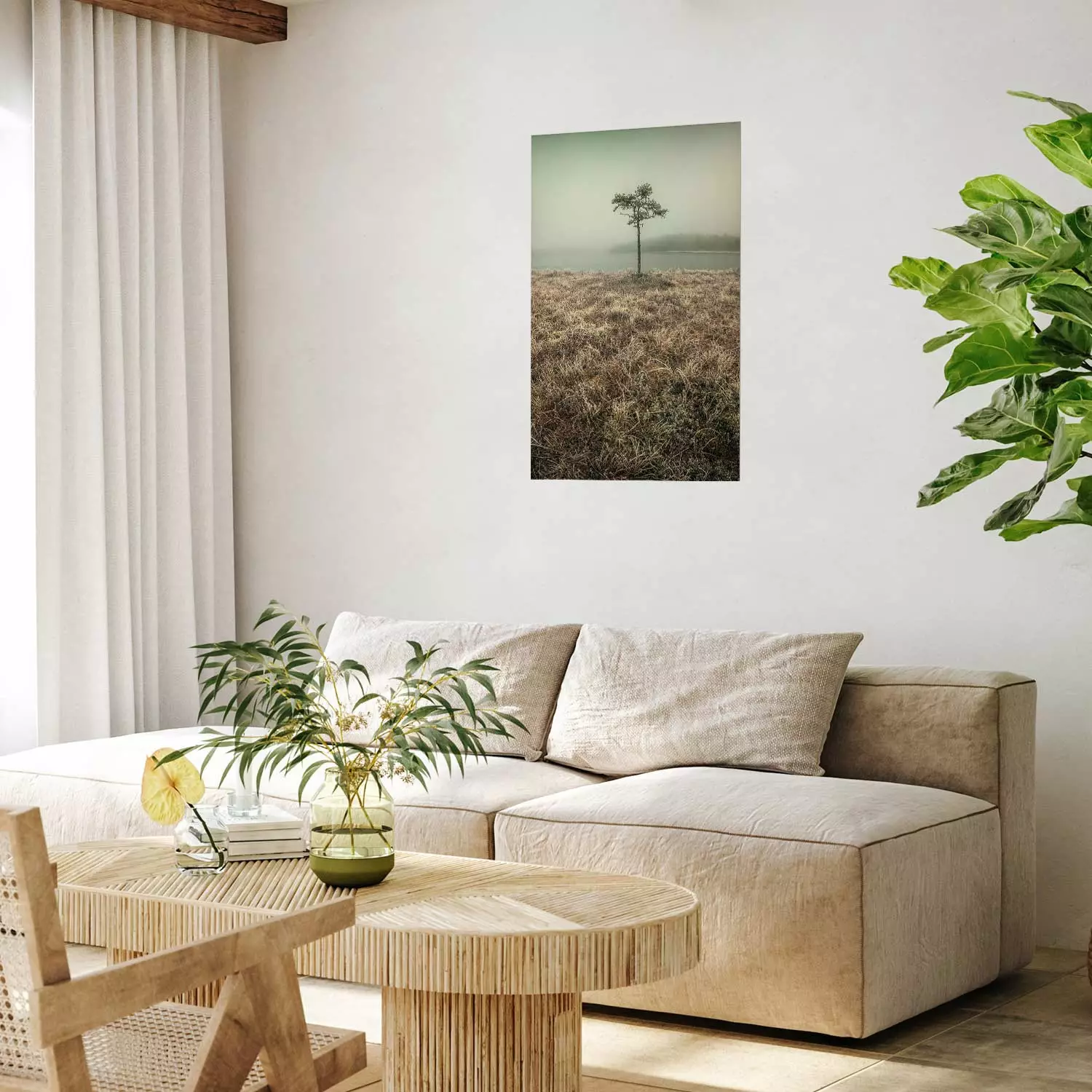 Poster Along the Lake Shore - landscape of grass and a small tree against the water