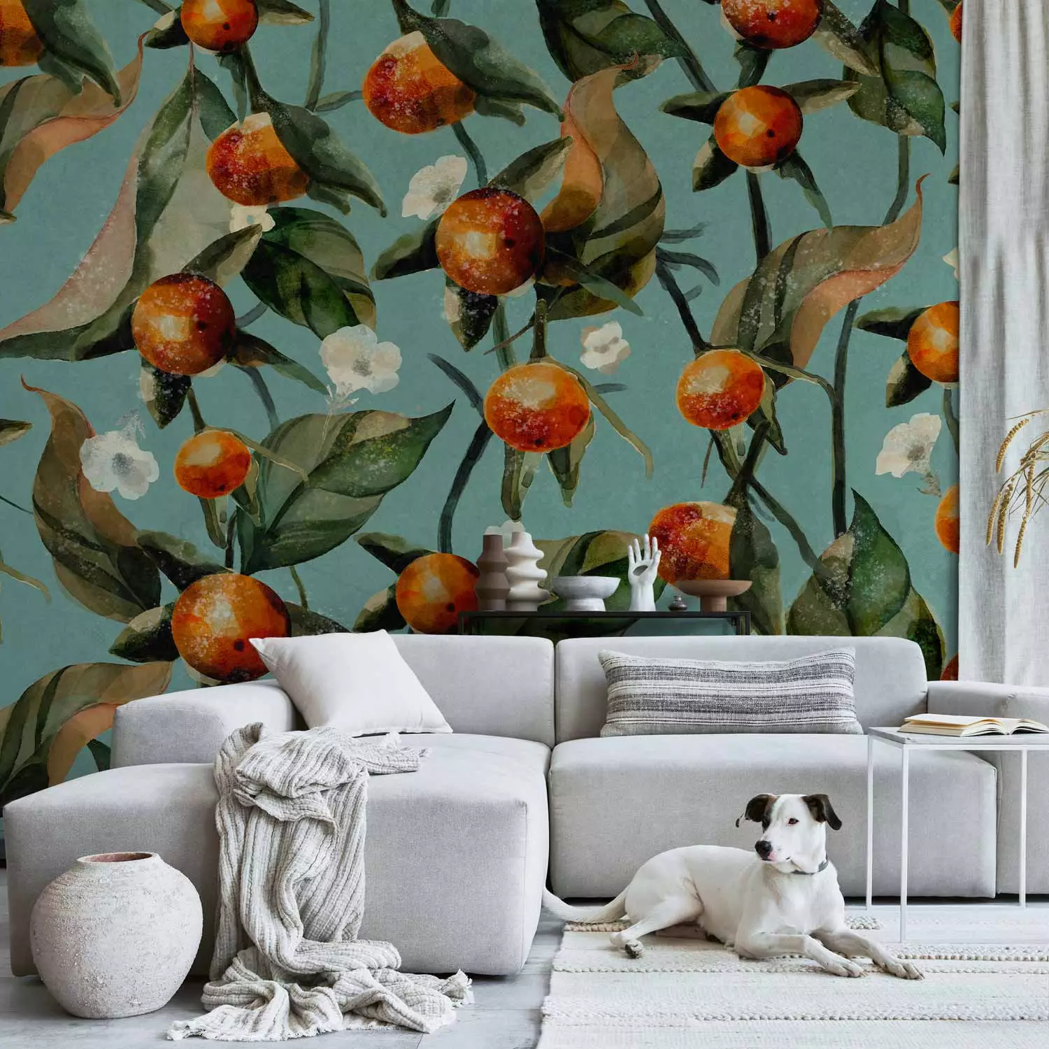 Wall Mural Orange grove - plant motif with fruit and leaves on a blue background