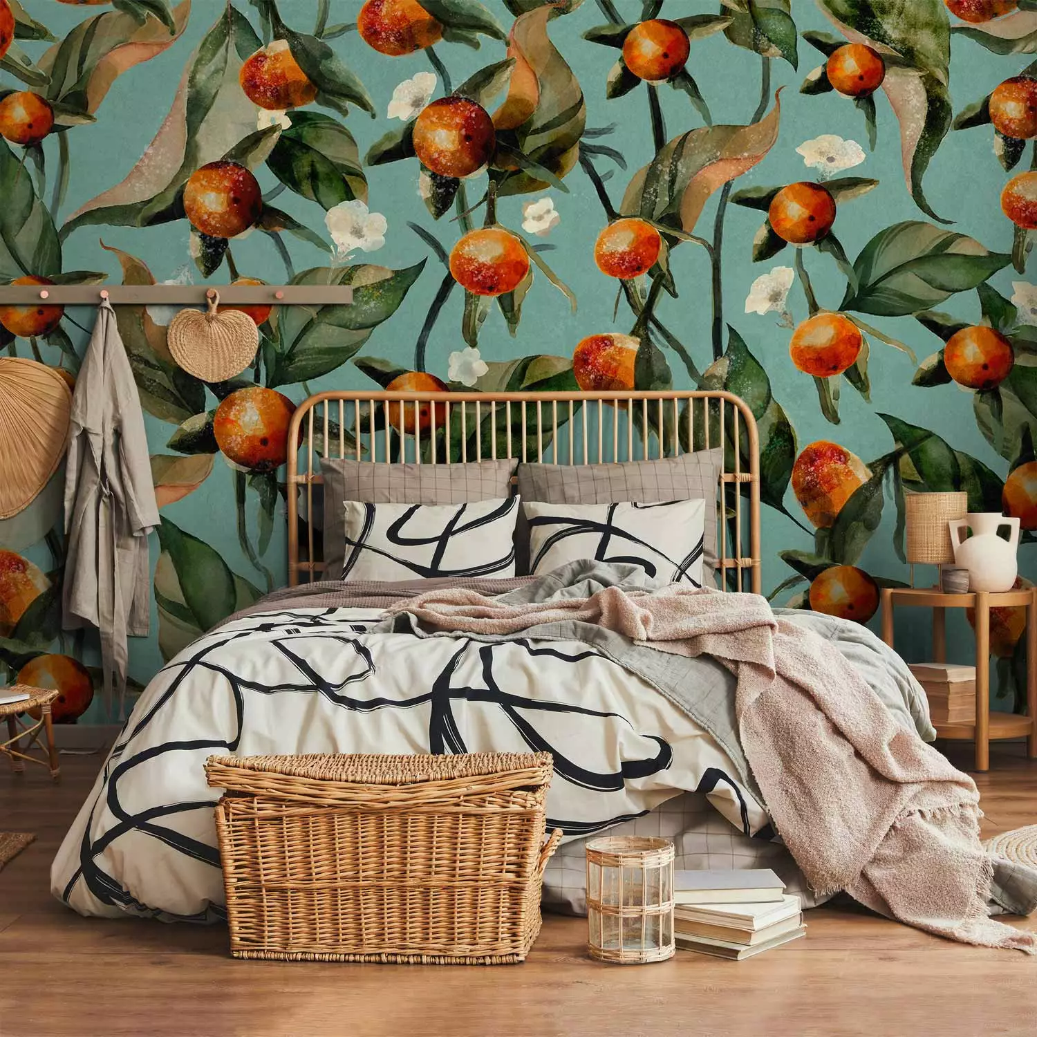 Wall Mural Orange grove - plant motif with fruit and leaves on a blue background