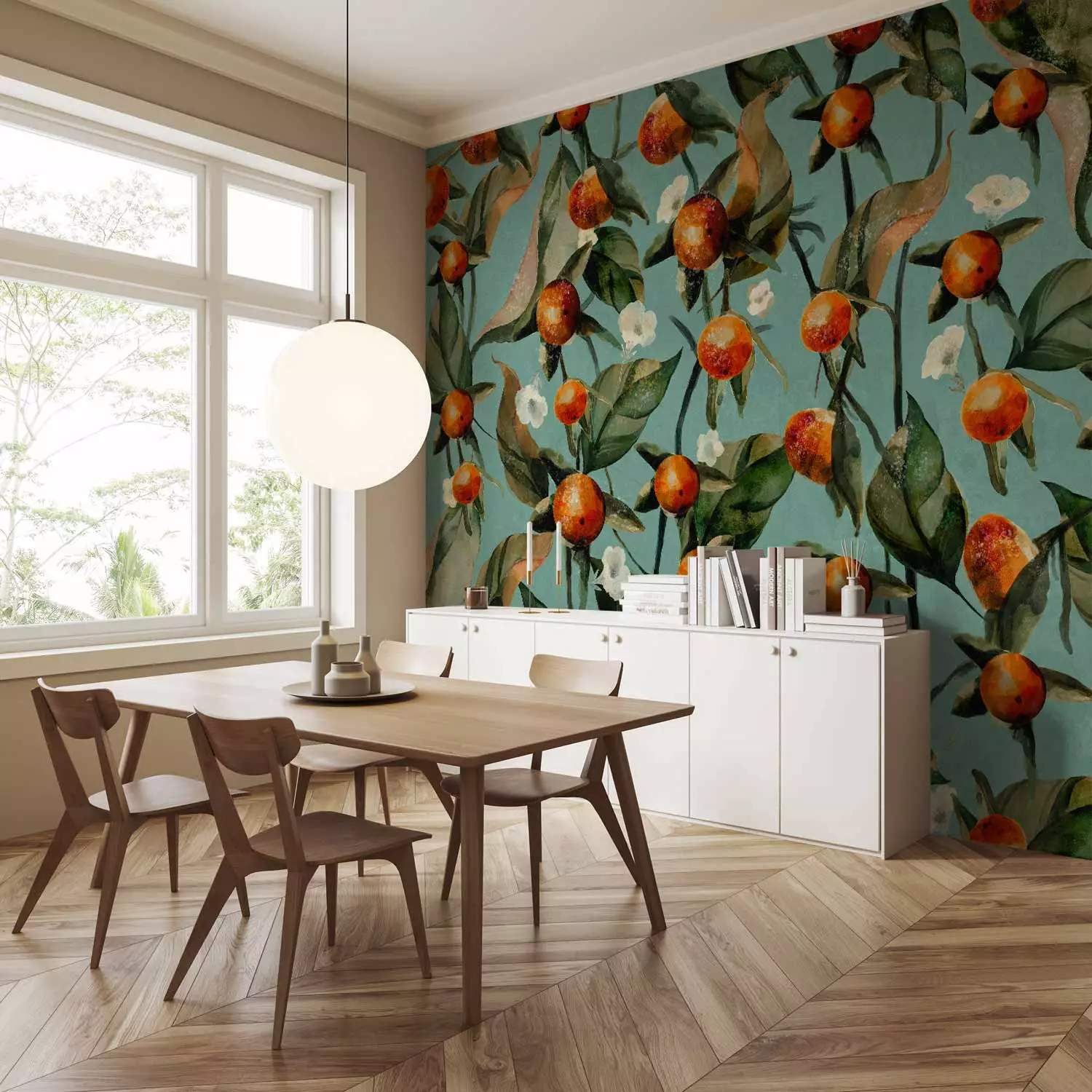 Wall Mural Orange grove - plant motif with fruit and leaves on a blue background