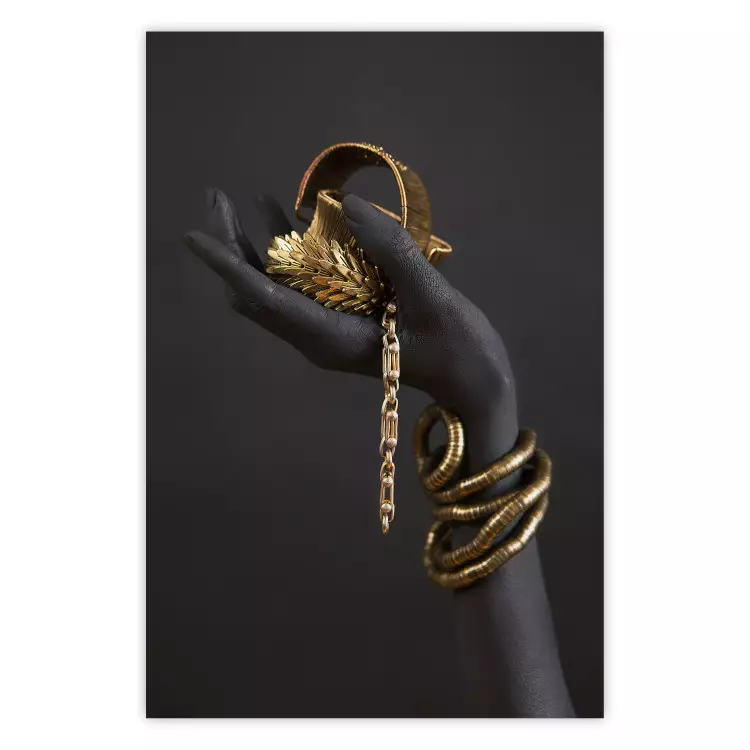Poster Royal Gifts - black hand with golden accessories on a dark background