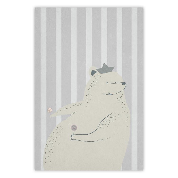 Poster Sweet-Toothed Bear - funny animal with two lollipops on a striped wall
