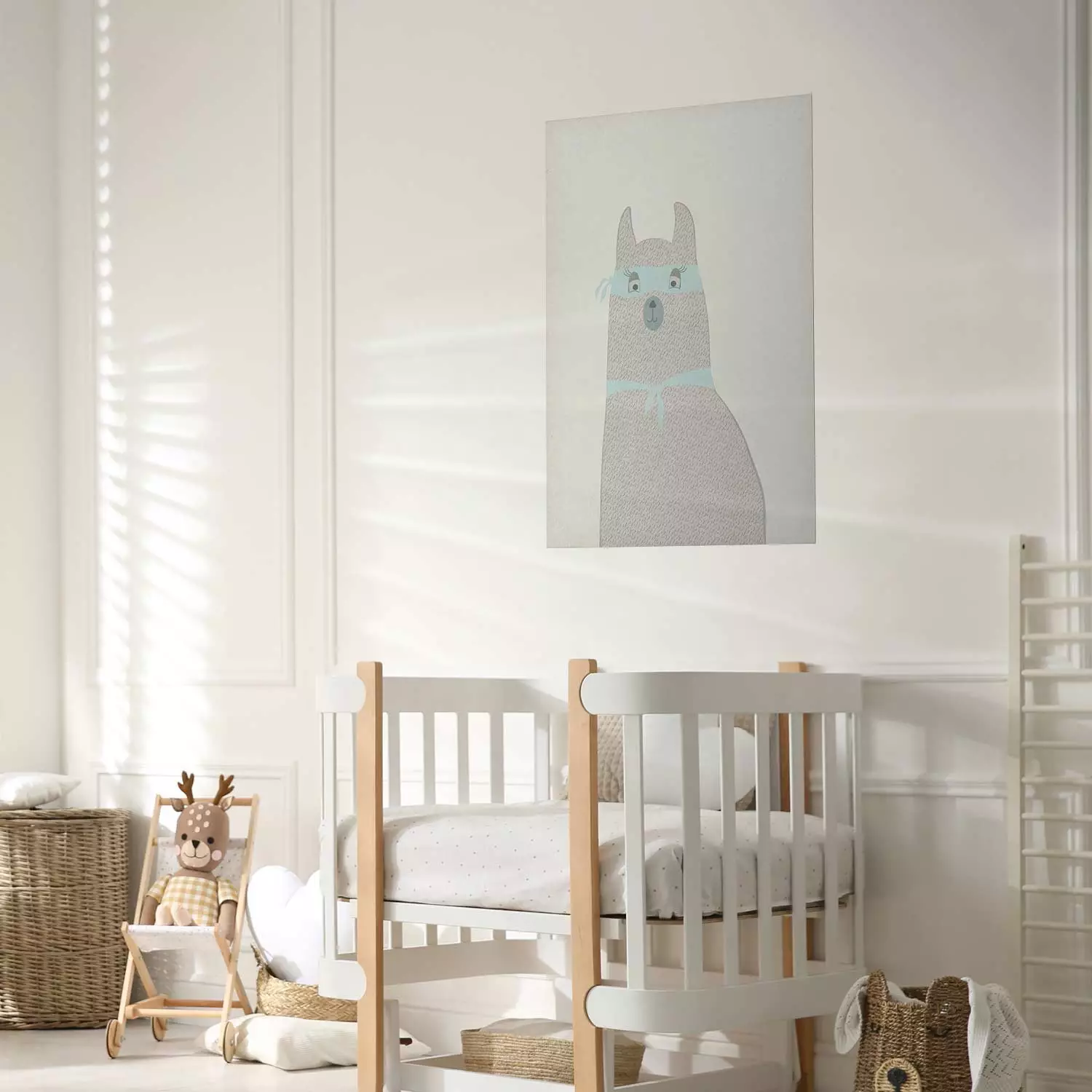 Poster Mysterious Llama - funny animal with ribbons on a solid gray background