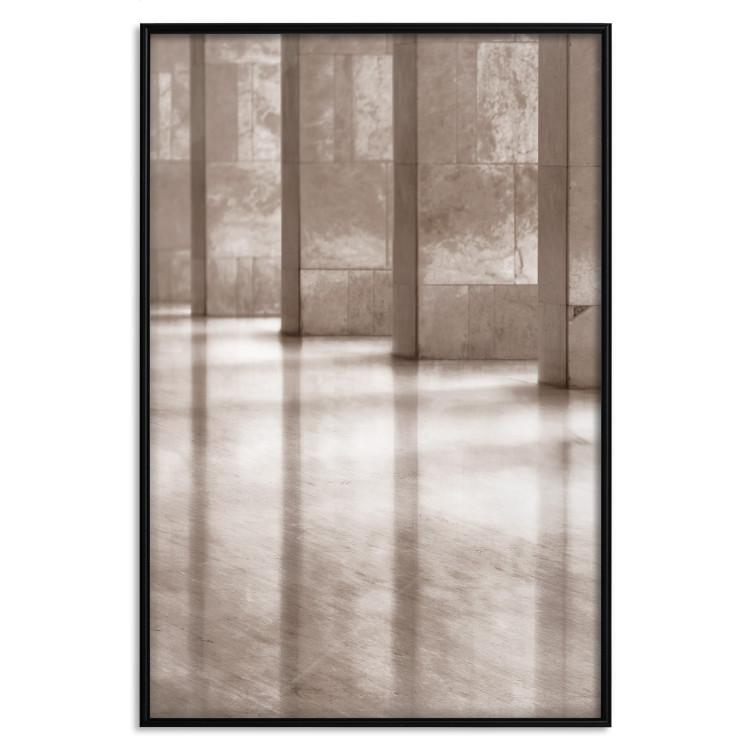 Poster Lighted Corridor - architecture with a stone wall in sepia tones