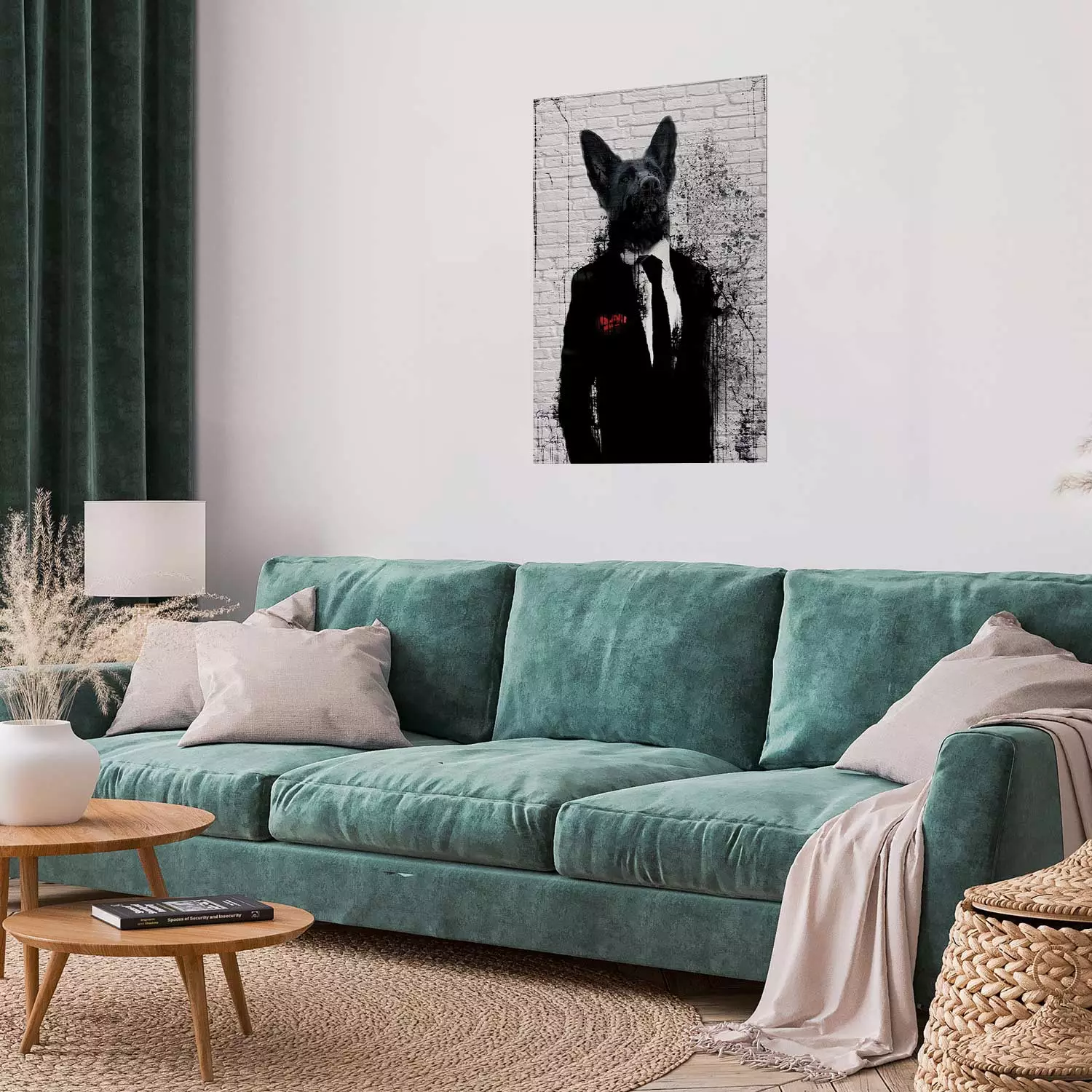 Wall Poster Businessman Dog - a fanciful animal in a suit on a brick wall