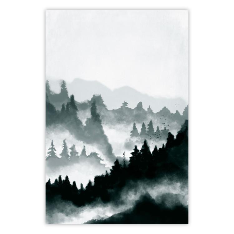 Poster Misty Landscape - misty forest and mountain landscape in a dark composition