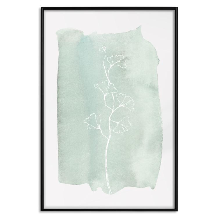 Poster Minty Ginkgo - white line art of a plant with flowers on a mint background