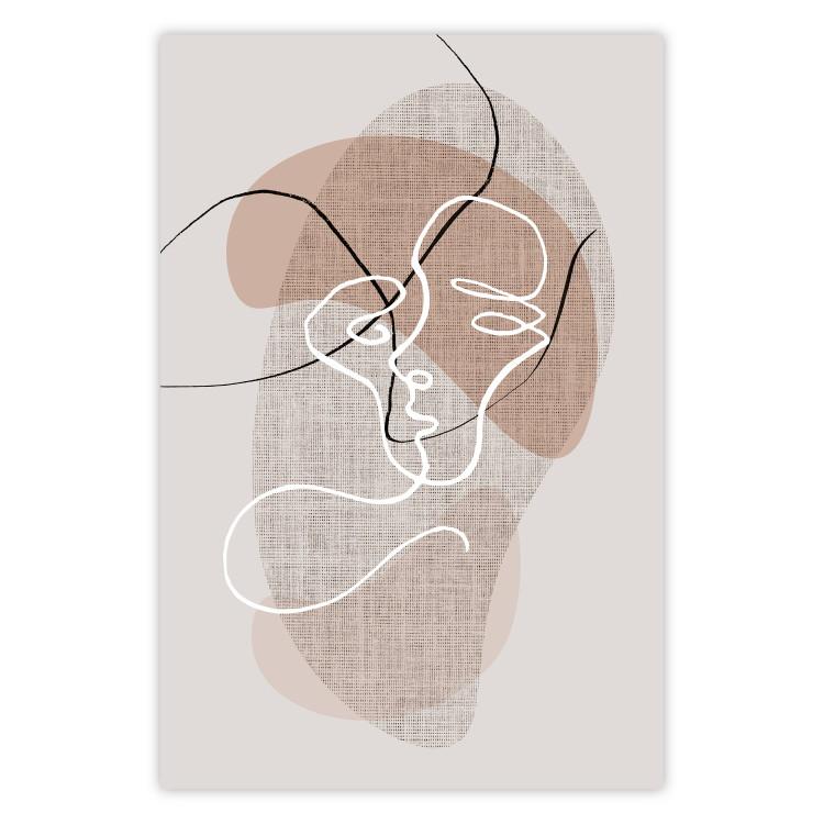 Poster Reflective Morning - line art of a kiss on a beige abstract background