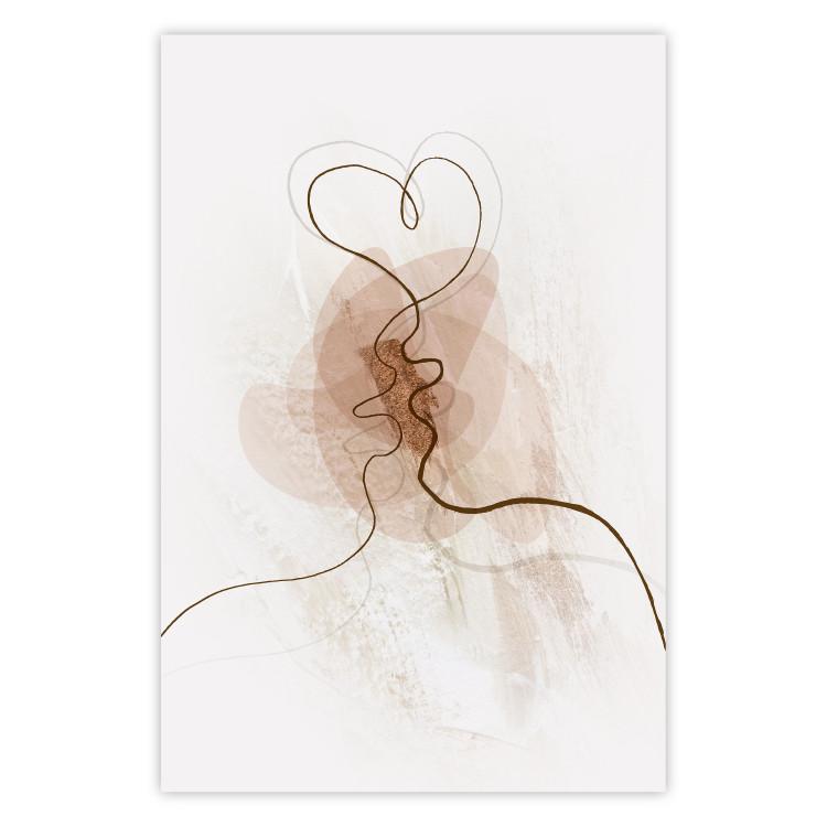 Poster Shared Desire - line art of a kiss on a beige abstract background