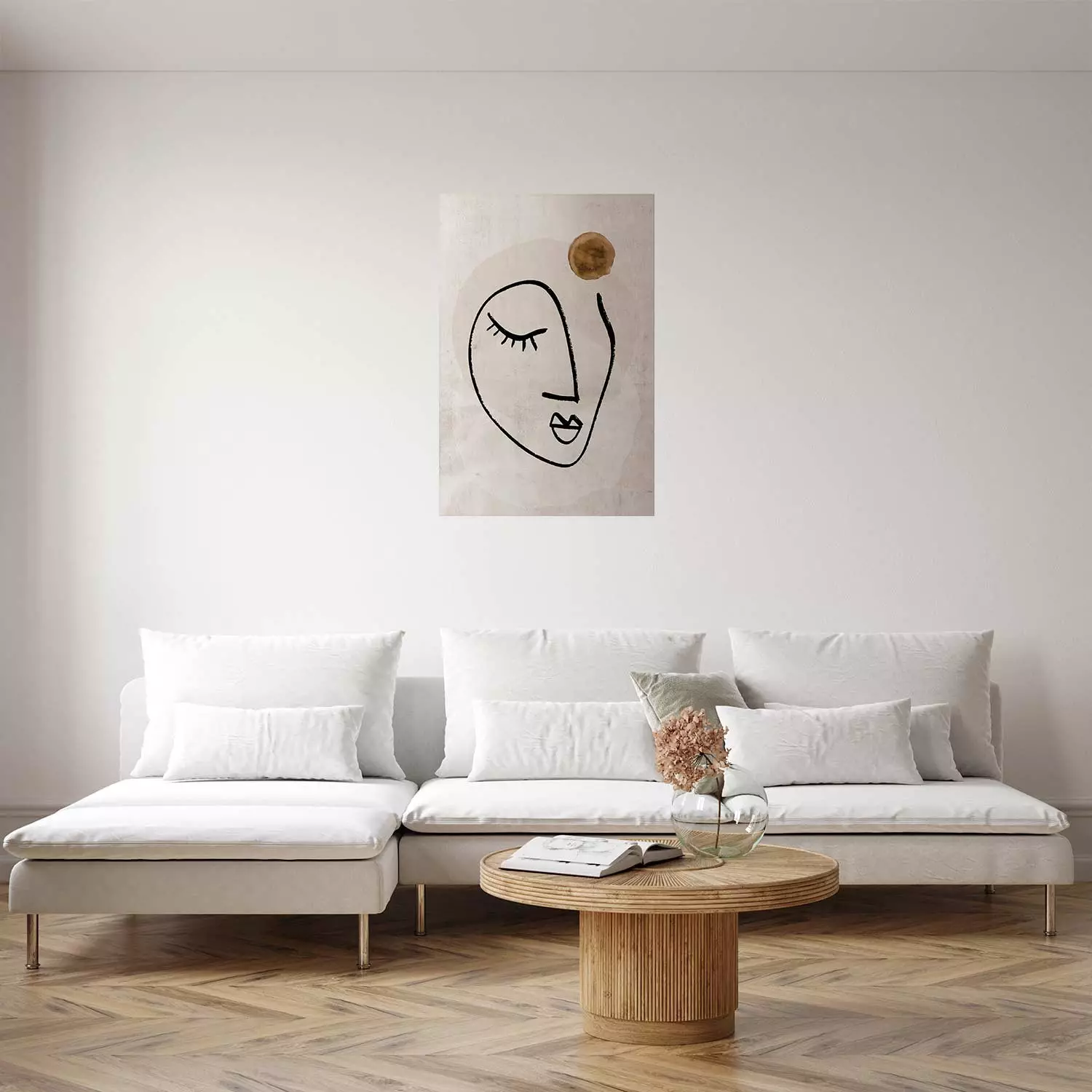 Wall Poster Romantic Thought - abstract black line art of a face on a beige background