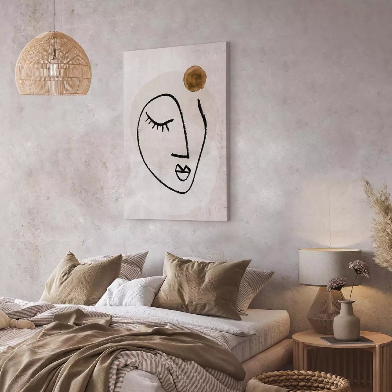 Canvas Art Print Romantic Thought Vertical - face line art in a boho motif