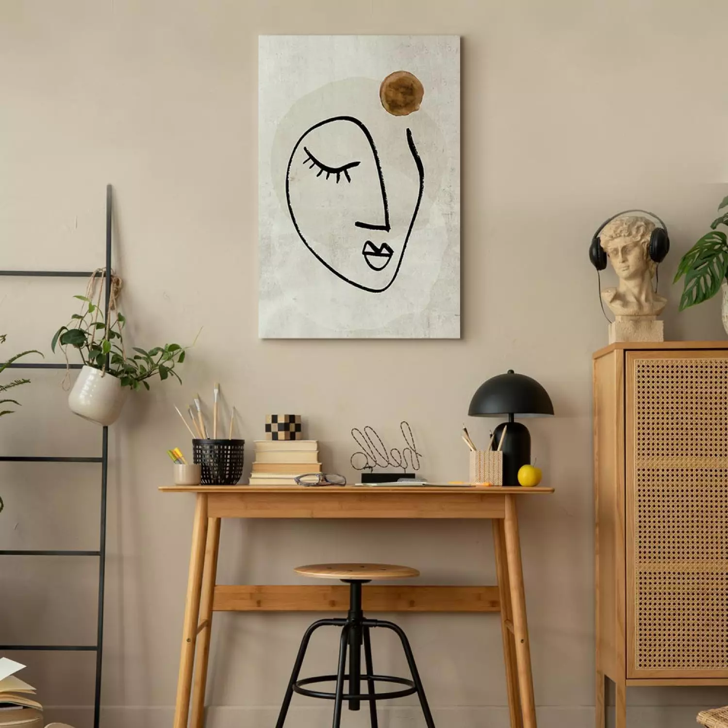 Canvas Art Print Romantic Thought Vertical - face line art in a boho motif
