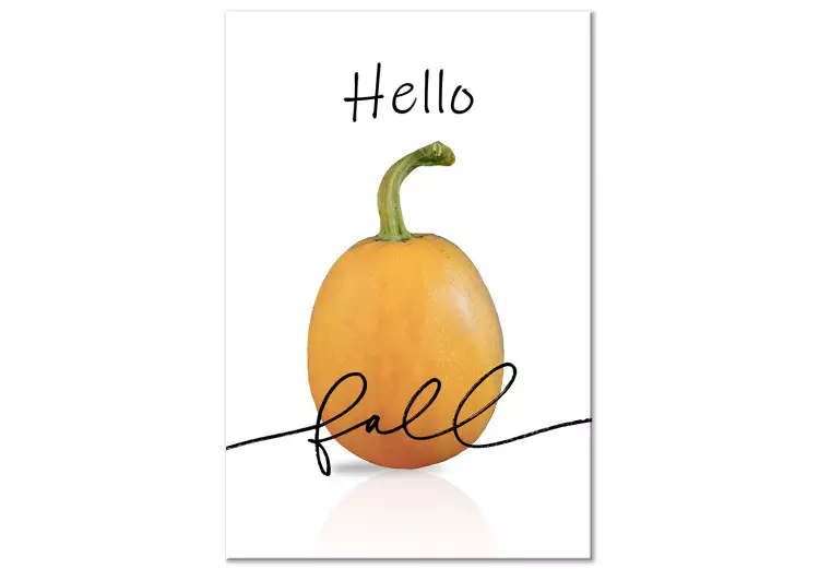 Canvas Welcome to autumn - still life with pumpkin and black lettering in English Hello autumn in vibrant colors on a white background