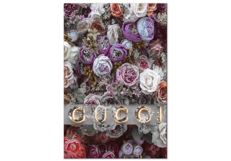 Canvas Gucci and Roses (1-piece) Vertical - inscription on a background of colorful flowers