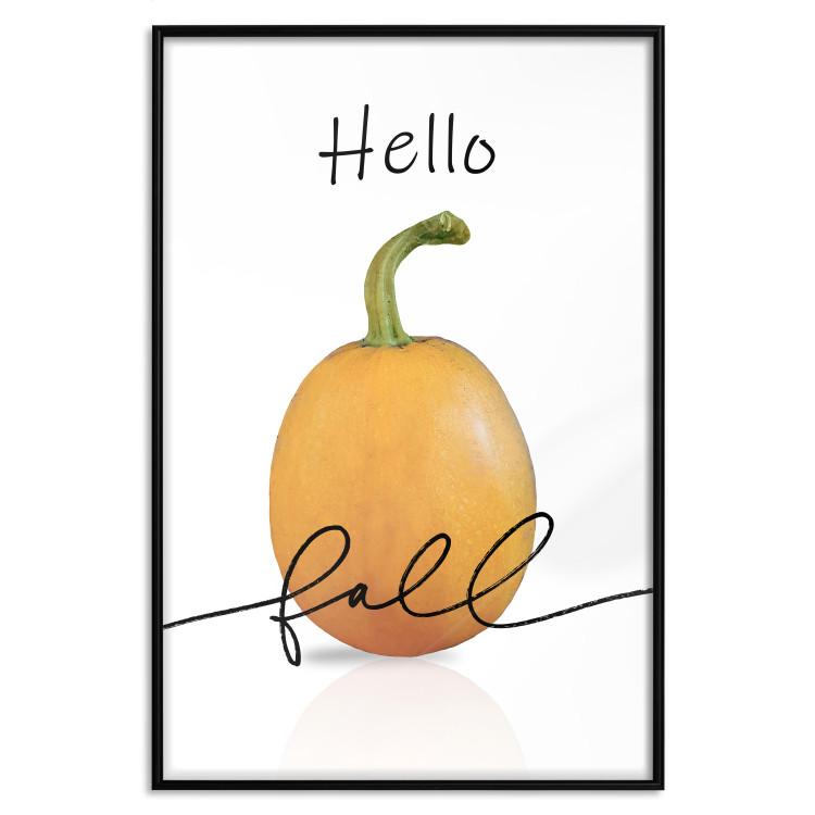 Poster Hello Fall - orange pumpkin and English text on a white background