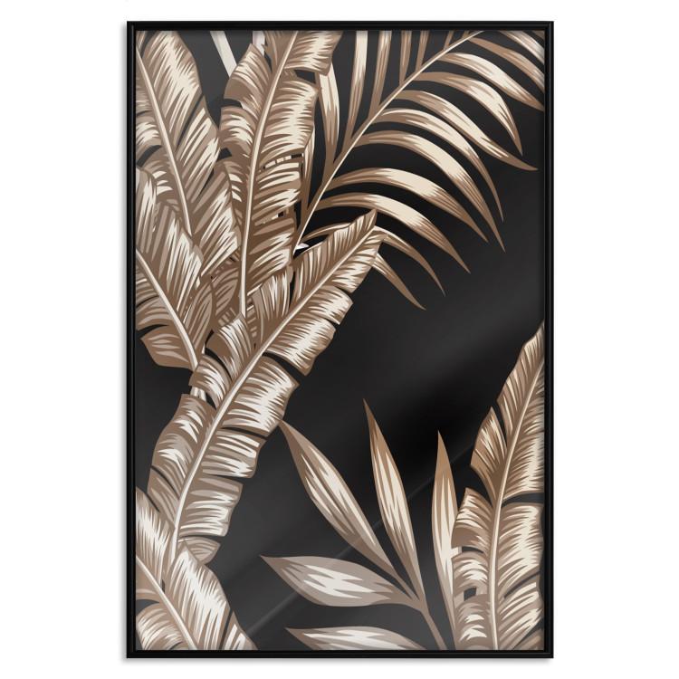 Poster Golden Island - composition of tropical plant leaves on a black background