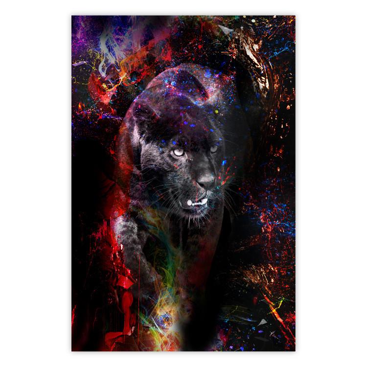 Poster Black Jaguar - animal among abstract colors on a dark background