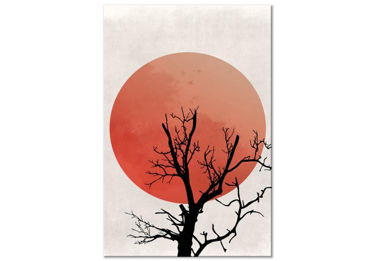 Canvas A tree with sunset - an abstract composition with a black outline of branches and pierced by the non-moving sun in orange colors